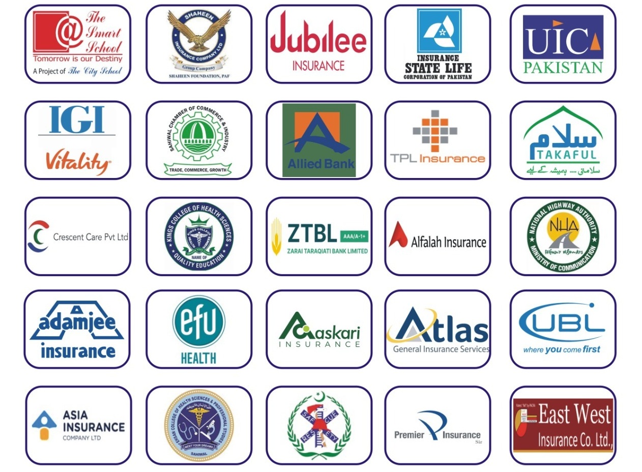 Sahiwal International Hospital brand partners including insurers, banks, colleges, and community organizations